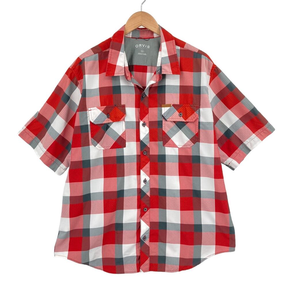 Orvis Woven Tech Shirt Mens 2XL Red Plaid Short Sleeve Chest Pocket Button Down